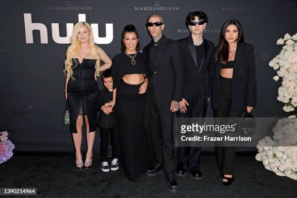Alabama Barker, Reign Disick, Kourtney Kardashian, Travis Barker, Landon Barker and Atiana De La Hoya attend the Los Angeles premiere of Hulu's new...