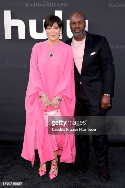 Kris Jenner and Corey Gamble attend the Los Angeles premiere of Hulu's new show "The Kardashians" at Goya Studios on April 07, 2022 in Los Angeles,...