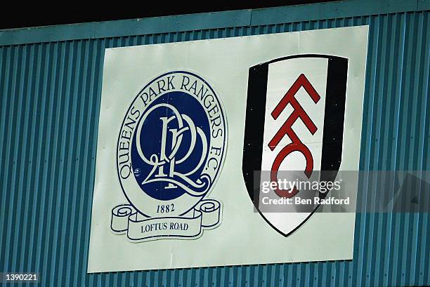 Queens Park Rangers and Fulham Football Club logos overlook the match during the FA Barclaycard Premiership match between Fulham and Tottenham...