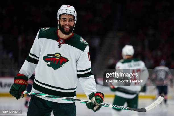 Jordan Greenway of the Minnesota Wild reacts against the Washington Capitals during the second period of the game at Capital One Arena on April 3,...