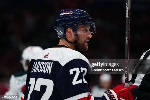 Johan Larsson of the Washington Capitals looks on against the Minnesota Wild during the second period of the game at Capital One Arena on April 3,...