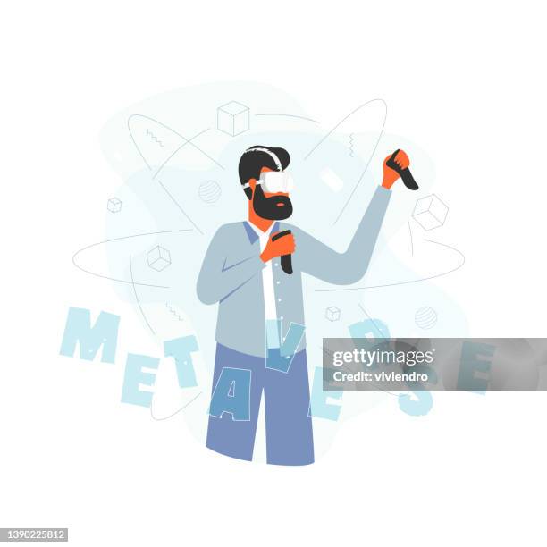 he is discovering metaverse by using virtual reality glasses - man vr headset stock illustrations
