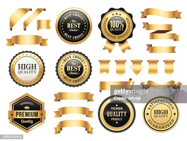 ilustraciones, imágenes clip art, dibujos animados e iconos de stock de conjunto de insignias de oro y cintas - exclusivo