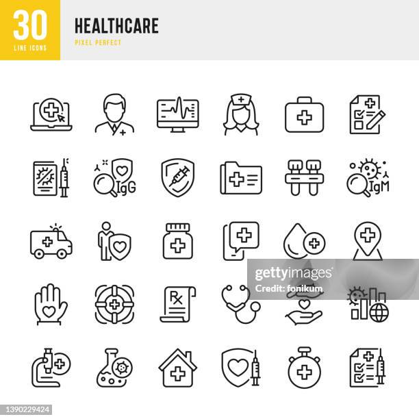 ilustraciones, imágenes clip art, dibujos animados e iconos de stock de cuidado de la salud: conjunto de iconos de línea delgada. ilustración vectorial. píxel perfecto. el conjunto contiene iconos: médico, donación de sangre, enfermera, estetoscopio, electrocardiografía, seguro médico, microscopio, telemedicina, benefic - prevención de enfermedades