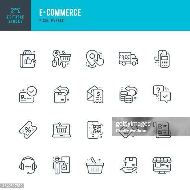 illustrations, cliparts, dessins animés et icônes de e-commerce - jeu d’icônes vectorielles à ligne mince. pixel parfait. contour modifiable. l’ensemble contient des icônes: achats en ligne, commerce électronique, achats à domicile, livraison à domicile, lecteur de carte de crédit, panier d’acha - payer