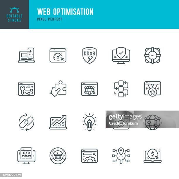 illustrazioni stock, clip art, cartoni animati e icone di tendenza di ottimizzazione web - set di icone vettoriali a linee sottili. pixel perfetto. tratto modificabile. il set contiene icone: pagina web, prestazioni di velocità, messaggio di errore, aggiornamento link, sicurezza internet, crittografia, motore di ricerca. - webdesign