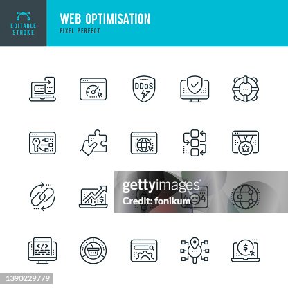 Web Optimisation - thin line vector icon set. Pixel perfect. Editable stroke. The set contains icons: Web Page, Speed Performance, Error Message, Link Update, Internet Security, Encryption, Search Engine. Web Optimisation - thin line vector icon set. Pixel perfect. Editable stroke. The set contains icons: Web Page, Speed Performance, Error Message, Link Update, Internet Security, Encryption, Search Engine.