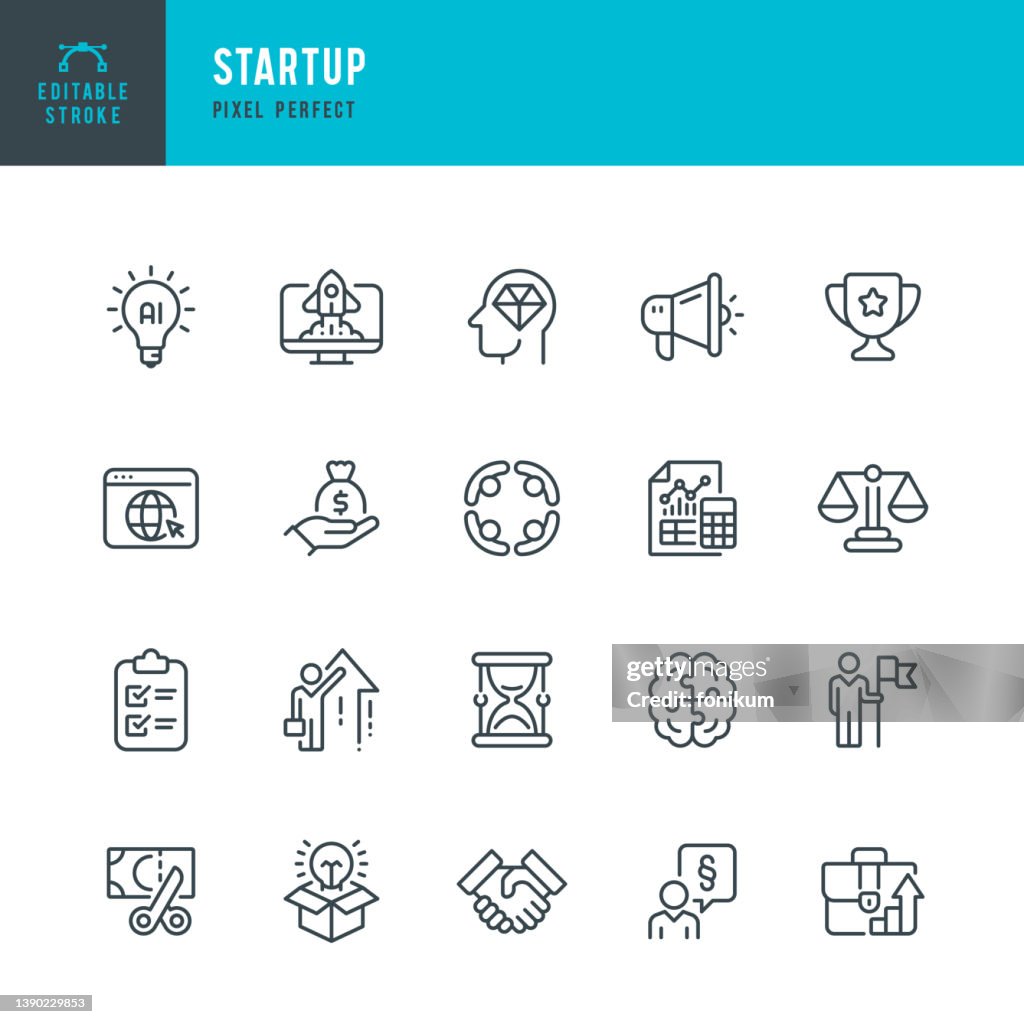 Startup - conjunto de ícones vetoriais de linha fina. Pixel perfeito. Golpe editável. O conjunto contém ícones: Parceria, Advogado, Orçamento, Startup, Liderança, Portfólio, Ampulheta, Lançamento de Foguetes.