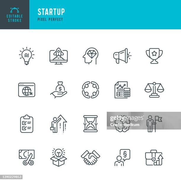 startup - thin line vector icon set. pixel perfect. editable stroke. the set contains icons: partnership, lawyer, budget, startup, leadership, portfolio, hourglass, rocket launch. - scale icon stock illustrations