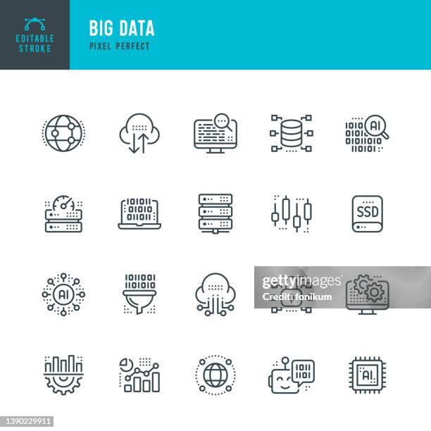 ilustraciones, imágenes clip art, dibujos animados e iconos de stock de big data - conjunto de iconos vectoriales de línea delgada. píxel perfecto. trazo editable. el conjunto contiene iconos: análisis de datos, big data, cloud computing, inteligencia artificial, machine learning, seguridad de red, data center. - datos