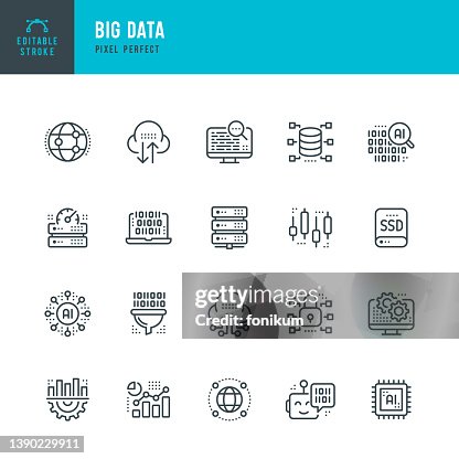 Big Data - thin line vector icon set. Pixel perfect. Editable stroke. The set contains icons: Data Analyzing, Big Data, Cloud Computing, Artificial Intelligence, Machine Learning, Network Security, Data Center. Big Data - thin line vector icon set. Pixel perfect. Editable stroke. The set contains icons: Data Analyzing, Big Data, Cloud Computing, Artificial Intelligence, Machine Learning, Network Security, Data Center.
