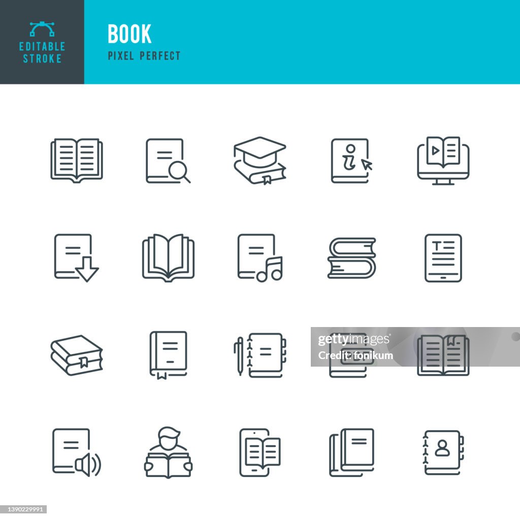 Libro - conjunto de iconos vectoriales de línea delgada. Píxel perfecto. Trazo editable. El conjunto contiene iconos: Libro, Audiolibro, E-Reader, Estudio, Tutorial, Organizador Personal, Diario, Libro de Referencia.