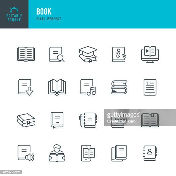 book - thin line vector icon set. pixel perfect. editable stroke. the set contains icons: book, audiobook, e-reader, studying, tutorial, personal organizer, diary, reference book. - library 幅插畫檔、美工圖案、卡通及圖標