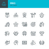 Goals - thin line vector icon set. Pixel perfect. Editable stroke. The set contains icons: Leadership, Ladder of Success, Motivation, Goal, Career, Mountain Peak, Partnership, Award, Winning.