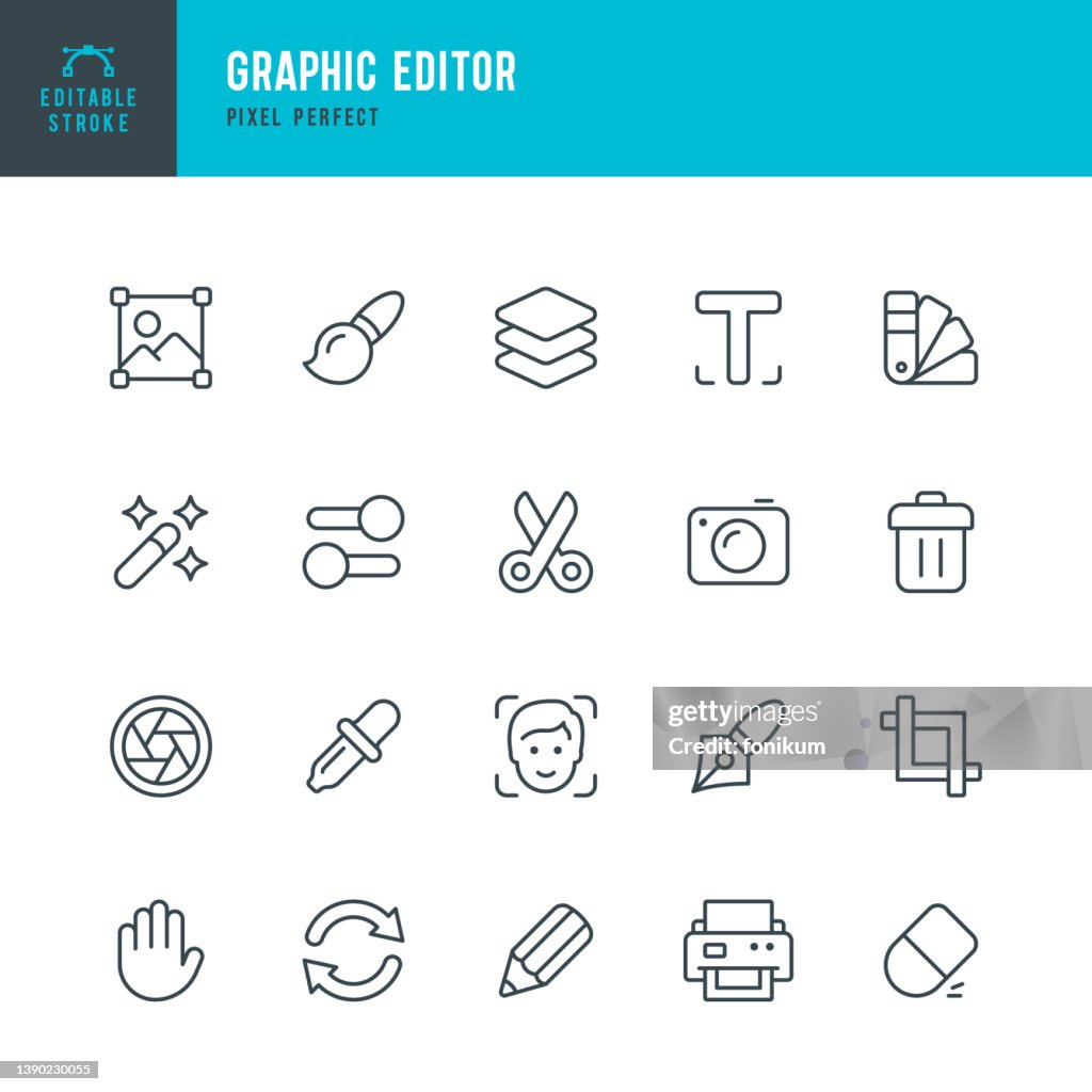 Graphic Editor - thin line vector icon set. Pixel perfect. Editable stroke. The set contains icons: Image Editor, Camera, Magic Wand, Color Swatch, Eyedropper, Pen, Pencil, Human Face, Layers, Trash Icon, Computer Printer, Eraser, Aperture, Font, Crop Fr