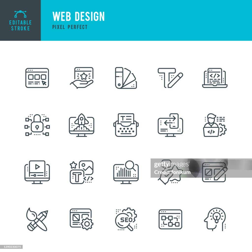 Web Design - conjunto de ícones vetoriais de linha fina. Pixel perfeito. Golpe editável. O conjunto contém ícones: Web Designer, Programador de Computador, Página Web, Escrita de Texto, Codificação, Criatividade, Reparo, Amostra de Cores, Segurança