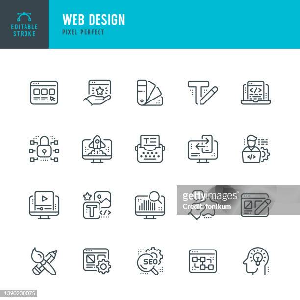 web design - thin line vector icon set. pixel perfect. editable stroke. the set contains icons: web designer, computer programmer, web page, text writing, coding, creativity, repairing, color swatch, internet safety. - searching stock illustrations