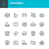 Entertainment - thin line vector icon set. Pixel perfect. Editable stroke. The set contains icons: Party, Vacations, Theater, Carnival, Festival, Bowling, Karaoke, Circus, Amusement Park, Ferris Wheel, Virtual Reality, Video Game, Ice Skating, Roller Skat