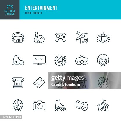 Entertainment - thin line vector icon set. Pixel perfect. Editable stroke. The set contains icons: Party, Vacations, Theater, Carnival, Festival, Bowling, Karaoke, Circus, Amusement Park, Ferris Wheel, Virtual Reality, Video Game, Ice Skating, Roller Skat Entertainment - thin line vector icon set. Pixel perfect. Editable stroke. The set contains icons: Party, Vacations, Theater, Carnival, Festival, Bowling, Karaoke, Circus, Amusement Park, Ferris Wheel, Virtual Reality, Video Game, Ice Skating, Roller Skat