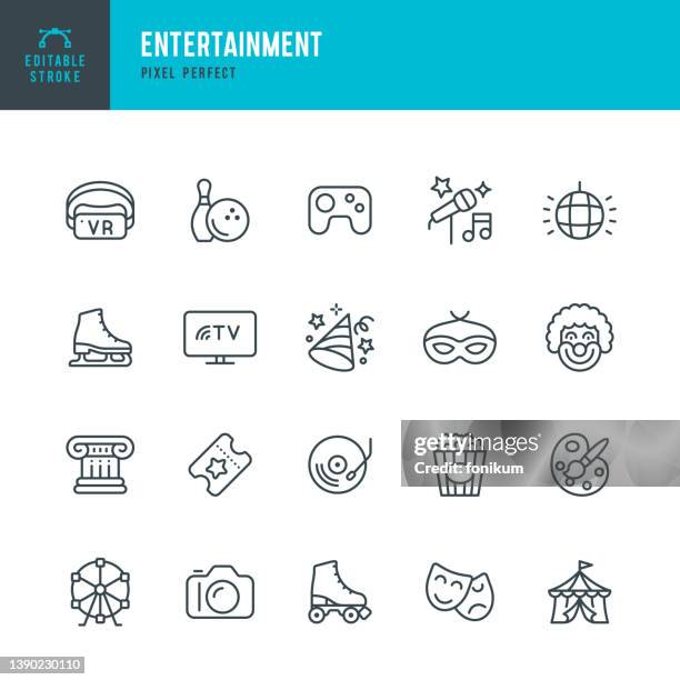 entertainment - thin line vector icon set. pixel perfect. editable stroke. the set contains icons: party, vacations, theater, carnival, festival, bowling, karaoke, circus, amusement park, ferris wheel, virtual reality, video game, ice skating, roller skat - 藝術文化與娛樂 幅插畫檔、��美工圖案、卡通及圖標
