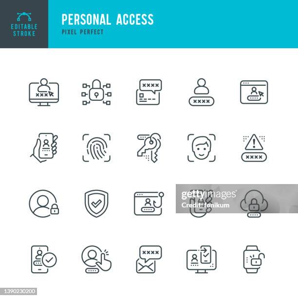 ilustraciones, imágenes clip art, dibujos animados e iconos de stock de personal access- conjunto de iconos vectoriales de línea delgada. píxel perfecto. trazo editable. el conjunto contiene iconos: sistema de seguridad, autenticación digital, protección de datos, candado, reconocimiento facial, escáner de huellas dactila - sistema de reconocimiento facial