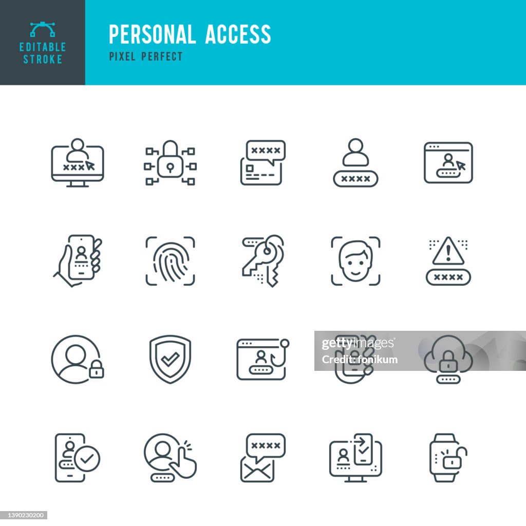 Personal Access - set di icone vettoriali a linea sottile. Pixel perfetto. Tratto modificabile. Il set contiene icone: Sistema di sicurezza, Autenticazione digitale, Protezione dati, Lucchetto, Riconoscimento facciale, Scanner di impronte digitali, GDPR.