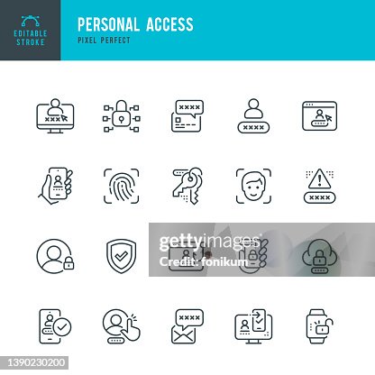 Personal Access - set di icone vettoriali a linea sottile. Pixel perfetto. Tratto modificabile. Il set contiene icone: Sistema di sicurezza, Autenticazione digitale, Protezione dati, Lucchetto, Riconoscimento facciale, Scanner di impronte digitali, GDPR. Personal Access - set di icone vettoriali a linea sottile. Pixel perfetto. Tratto modificabile. Il set contiene icone: Sistema di sicurezza, Autenticazione digitale, Protezione dati, Lucchetto, Riconoscimento facciale, Scanner di impronte digitali, GDPR.