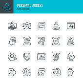 Personal Access - thin line vector icon set. Pixel perfect. Editable stroke. The set contains icons: Security System, Digital Authentication, Data Protection, Padlock, Facial Recognition, Fingerprint Scanner, GDPR.