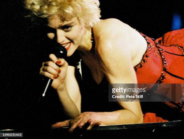 American singer Madonna performs on stage on her 'Who's That Girl' tour at Wembley Stadium on August 18th, 1987 in London, England, United Kingdom.