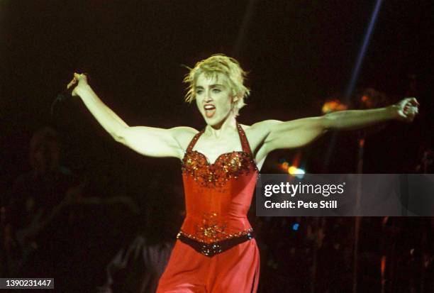 American singer Madonna performs on stage on her 'Who's That Girl' tour at Wembley Stadium on August 18th, 1987 in London, England, United Kingdom.
