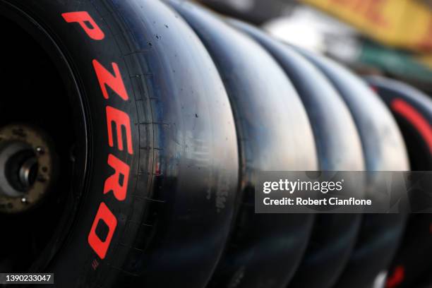 Detailed view of Pirelli tyres during practice ahead of the F1 Grand Prix of Australia at Melbourne Grand Prix Circuit on April 08, 2022 in...