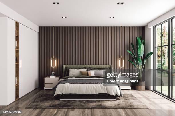 modern luxury bedroom - modern interior stock pictures, royalty-free photos & images
