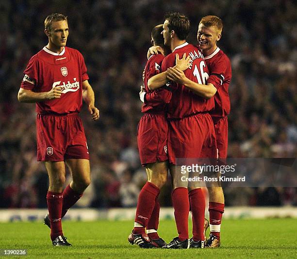 Danny Murphy of Liverpool is congratulated after opening the scoring for Liverpool during the FA Barclaycard Premiership match between Liverpool and...