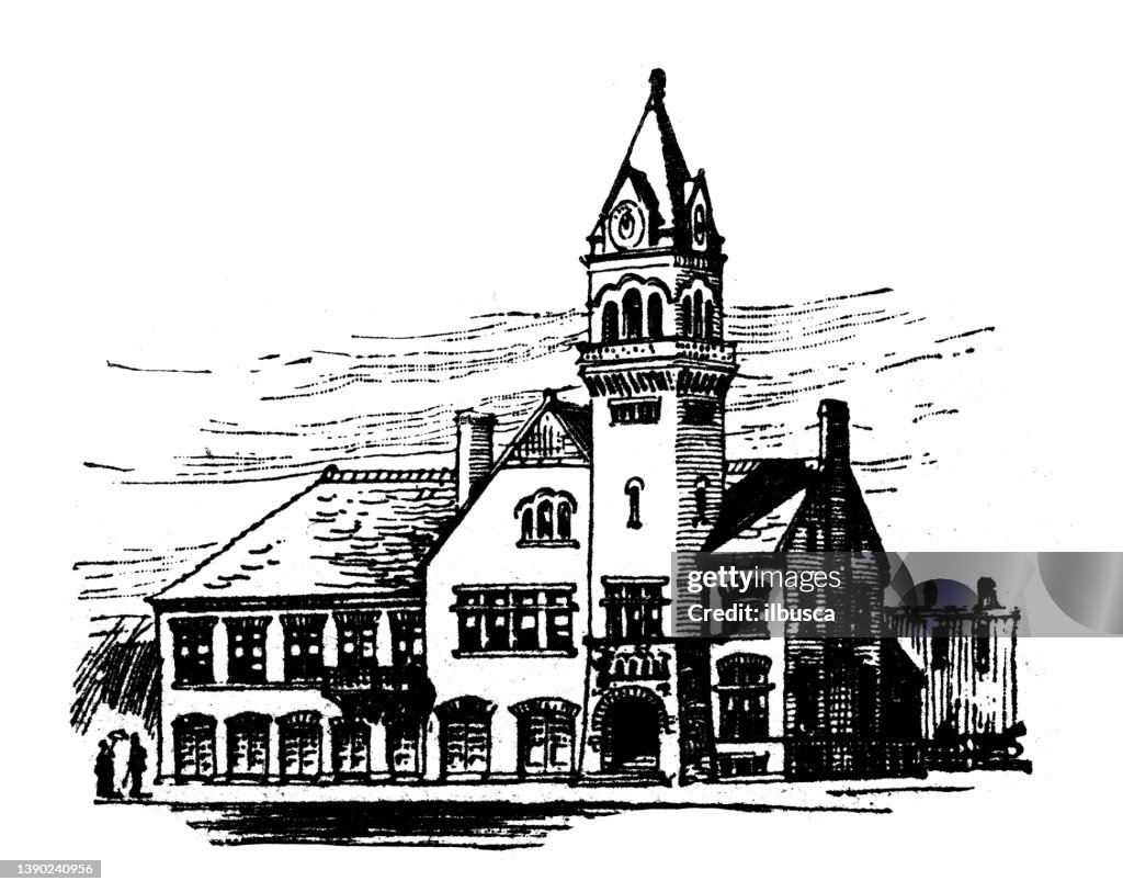 Antique illustration of USA, Nebraska landmarks and companies: Kearney, City Hall