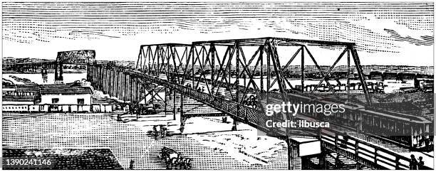 ilustrações, clipart, desenhos animados e ícones de ilustração antiga dos eua, marcos e empresas de nebraska: omaha, union pacific railway bridge - omaha