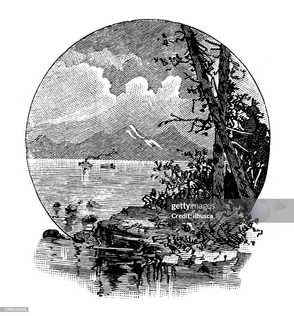 Antique illustration of USA, Nebraska landmarks and companies: Lake Tahoe