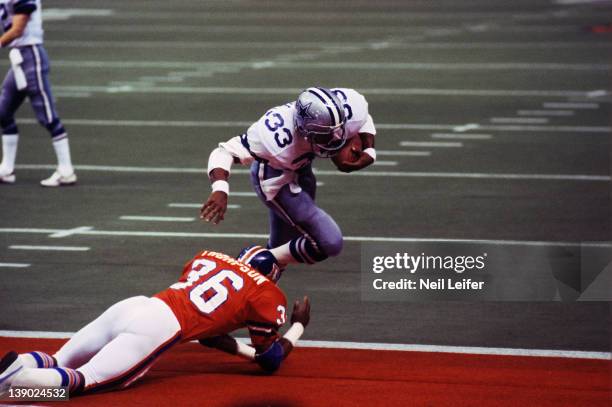 Super Bowl XII: Dallas Cowboys Tony Dorsett in action, rushing into endzone for touchdown from 3-yard pass vs Denver Broncos during 1st quarter at...