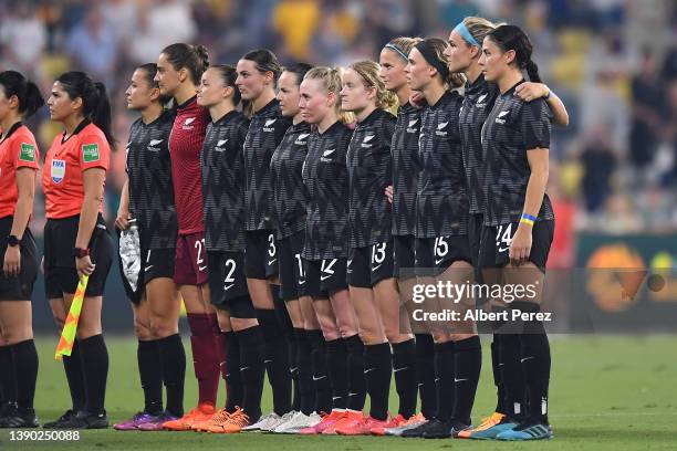 New Zealand sing the national anthem during the International Women's match between the Australia Matildas and the New Zealand Football Ferns at...