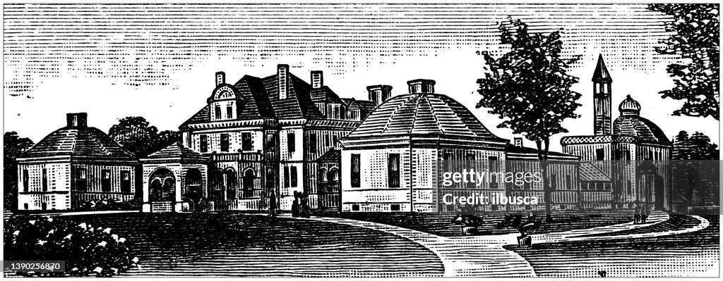 Antique illustration of USA, New Hampshire landmarks and companies: Hanover, Hitchcock Memorial Hospital
