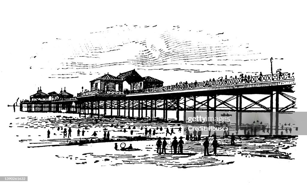 Antique illustration of USA, New Jersey landmarks and companies: Cape May, Ocean Pier