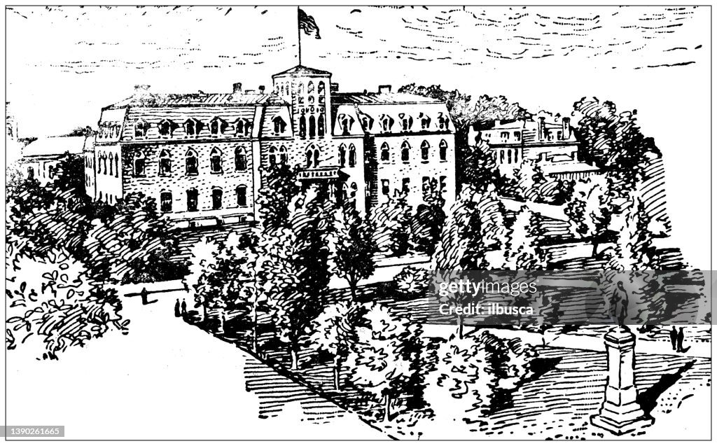 Antique illustration of USA, New Jersey landmarks and companies: Hoboken, Stevens Institute