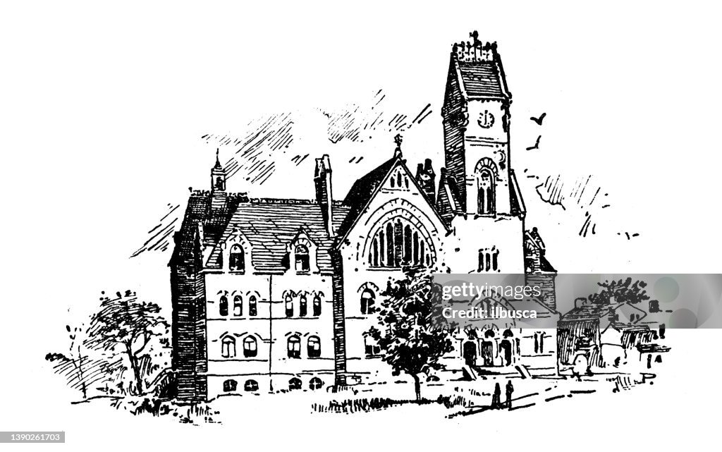Antique illustration of USA, New Jersey landmarks and companies: Princeton, John C Green School of Science
