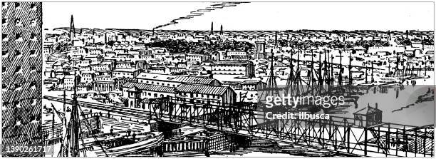 antique illustration of usa, new jersey landmarks and companies: newark and passaic river - newark new jersey stock illustrations