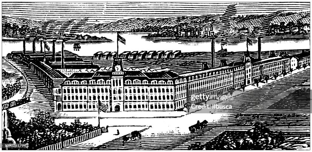 Antique illustration of USA, New Jersey landmarks and companies: Elizabeth, Singer Manufacturing Co.