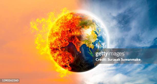 concept illustration global warming around the world is about to be burned by human hands (3d image) - cambiamenti climatici foto e immagini stock