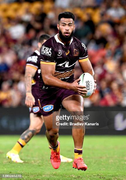 Payne Haas of the Broncos runs with the ball during the round five NRL match between the Brisbane Broncos and the Sydney Roosters at Suncorp Stadium,...