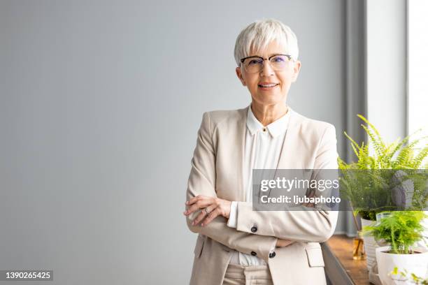 confident businesswoman with folded arms standing looking intently at the camera over grey with copy space - interview preparation stock pictures, royalty-free photos & images