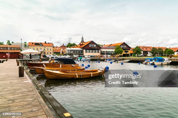 sweden, vastervik, boats moored in harbor - sweden kalmar stock pictures, royalty-free photos & images