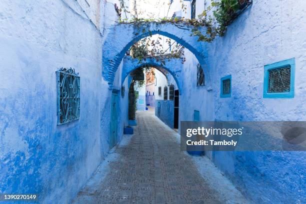 morocco, chefchaouen, narrow alley and traditional blue houses - fes morocco stock pictures, royalty-free photos & images