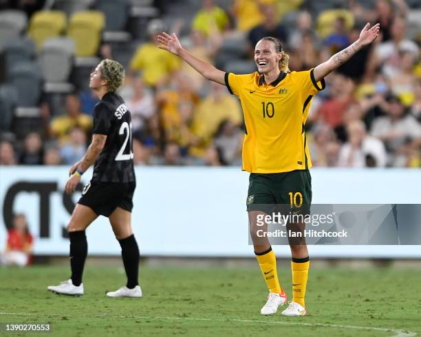 Emily Van Egmond of Australia celebrates after winning the International Women's match between the Australia Matildas and the New Zealand Football...
